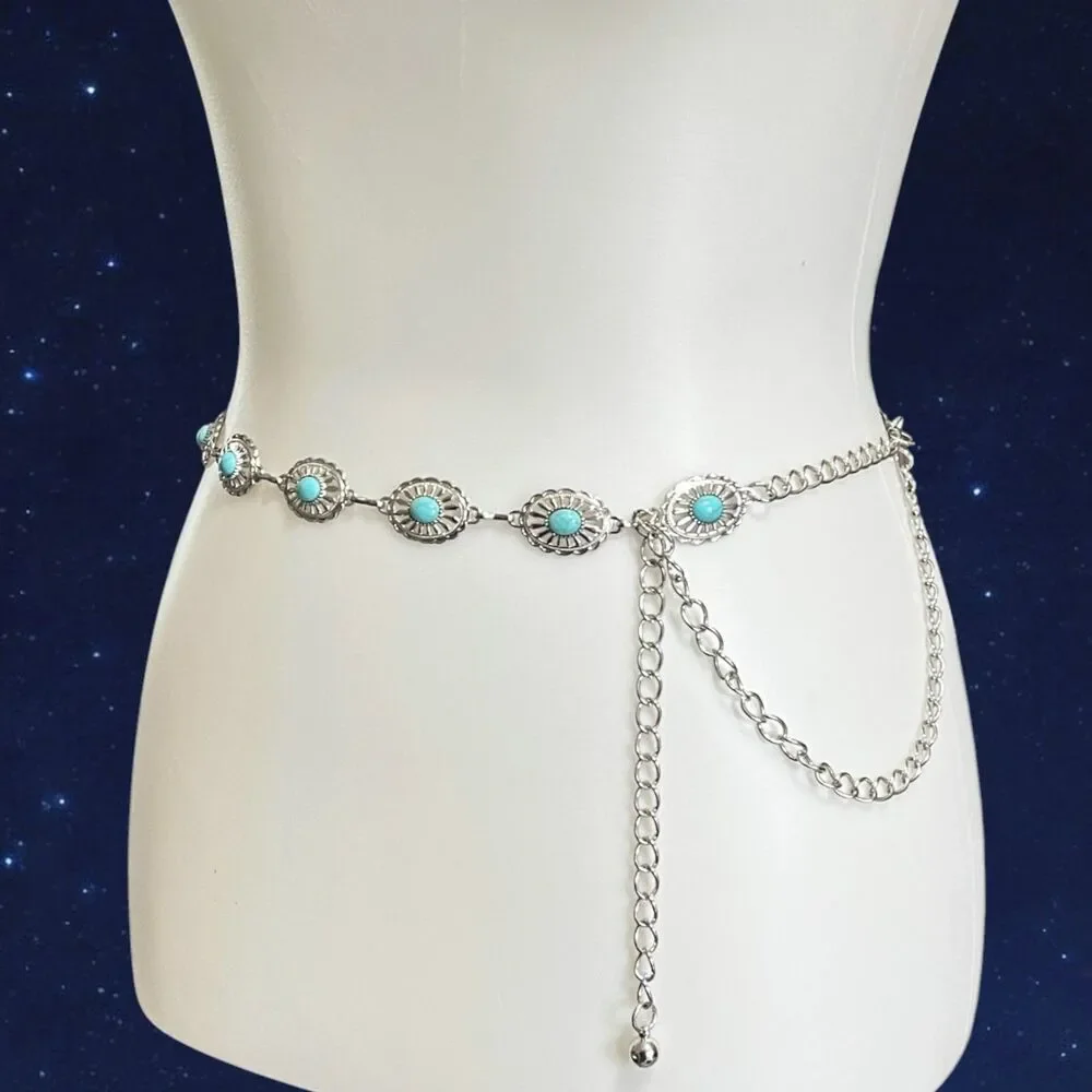 Womens Concho Chain Belt Silver Tone Turquoise Blue Faux Stone Accents 44 inch